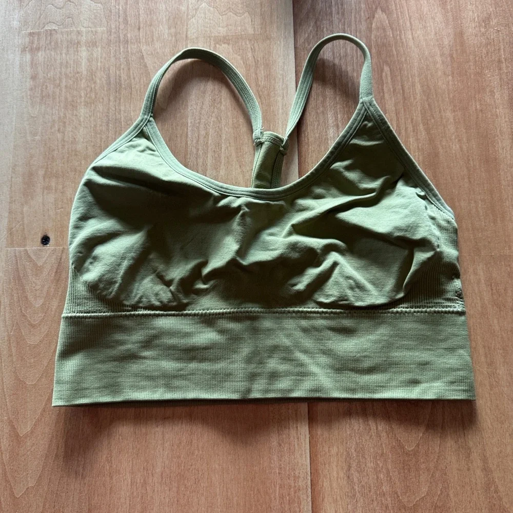 Free People Movement Happiness Runs Crop Tank Top Olive Green Ribbed M/L